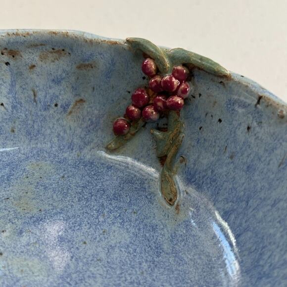 Handcrafted Bowl With 3D Grapes 6" Blue and Beige Stoneware Pottery Signed Jann - Picture 3 of 9